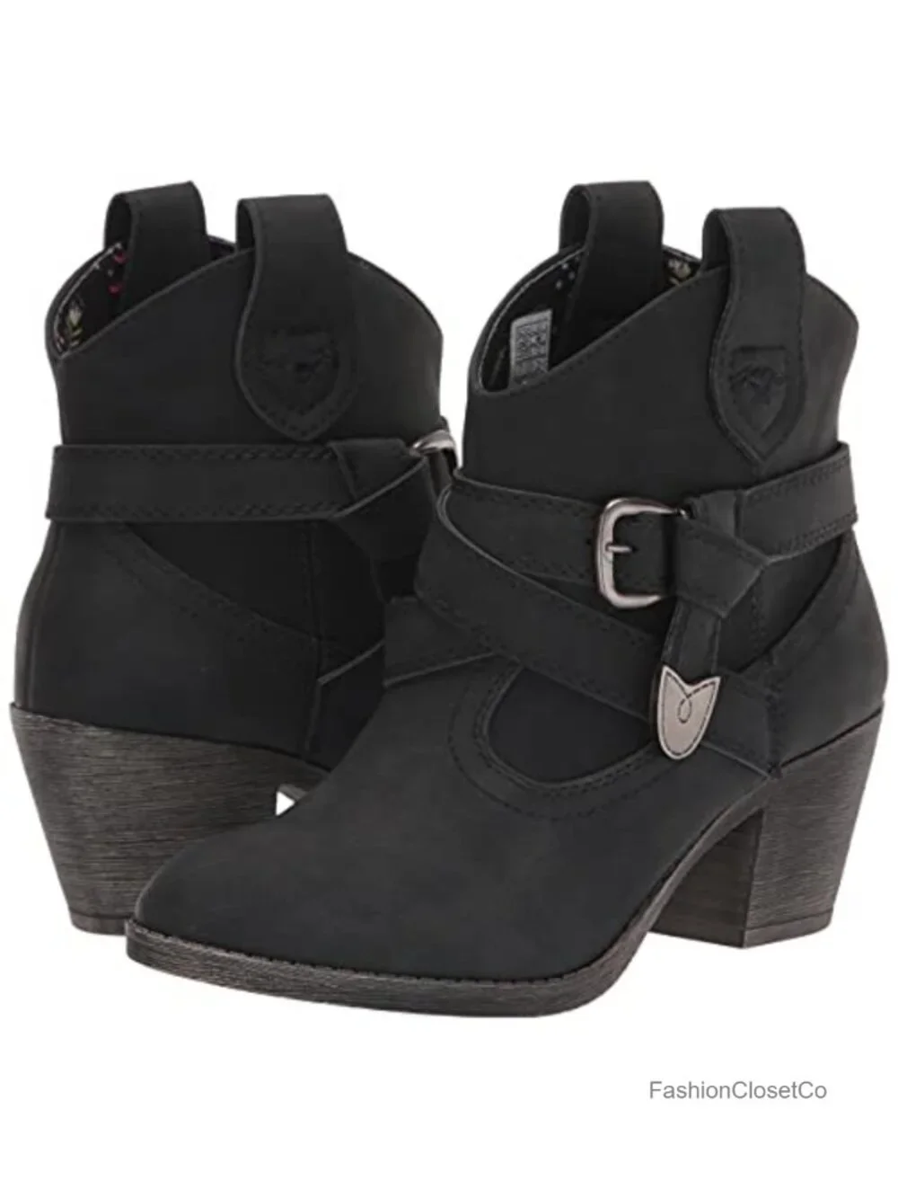 Western Ankle Bootie with Buckle Embellishment Stacked Heel